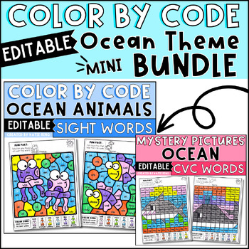 Preview of Ocean Coloring Pages Sight Words and CVC Practice Editable Worksheets