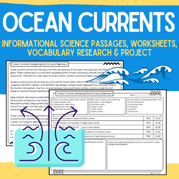 Preview of Ocean Currents: Informational Passages, Worksheets, Vocabulary, & Research