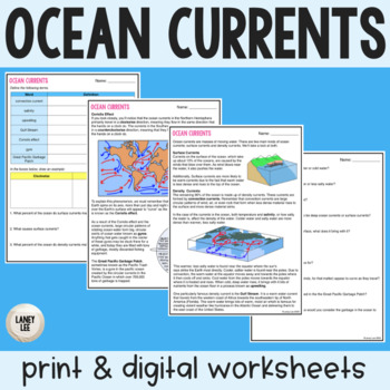 Preview of Ocean Currents - Reading Comprehension Worksheets