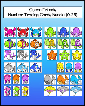 Preview of Ocean Friends Number Tracing Cards Bundle (0-25)