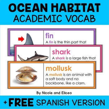 Preview of Ocean Habitat Word Wall Vocabulary + FREE Spanish