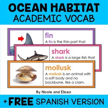 Preview of Ocean Animal Habitat Word Wall Vocabulary + FREE Spanish