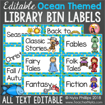 Preview of Ocean Library Labels for Book Bins - Editable