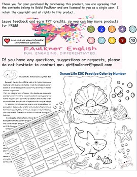 Preview of Ocean Life Color by Number FUN EOC prep informational text MCQ reading compr.