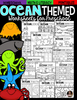 Preview of Preschool Ocean Math and Literacy Worksheets Activities Ocean Animals Printables
