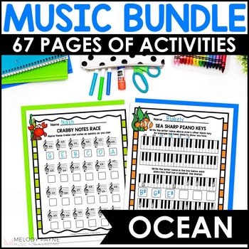 Preview of Ocean Music Worksheets Bundle - Treble, Bass, Intervals, Music Math, Piano Keys