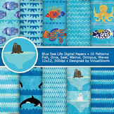 Ocean Sea Life Digital Paper, 10 Printable Ocean Patterns 