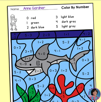 Preview of Kindergarten Ocean Shark Color by Number Worksheet: Add & Subtract within (to) 5