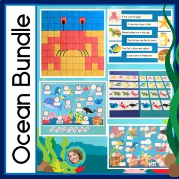 Preview of Ocean 100s Charts Reading Writing Math Patterns Telling Time & Money K-1 Centers