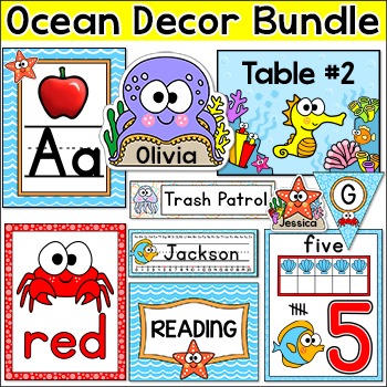 Preview of Ocean Theme Decor Bundle: Name Tags, Classroom Job, Centers Signs, Binder Covers