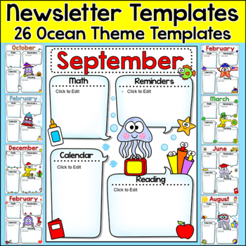 Preview of Editable Newsletter Templates - Ocean Theme Classroom