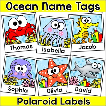 Preview of Ocean Theme Polaroid Student Name Tags - Editable Under the Sea Labels