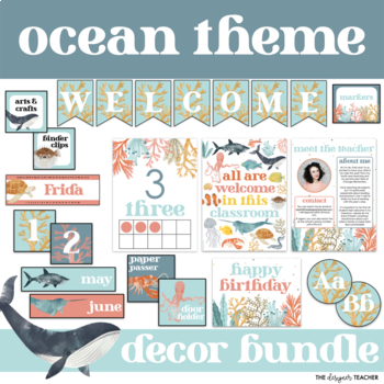 Preview of Ocean Theme Under The Sea Classroom Decor Bundle Calm Watercolor Decor