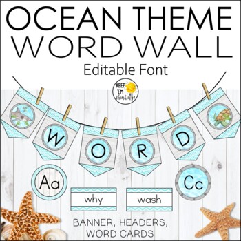 Preview of Ocean Theme Word Wall Banner and Labels - Editable ocean Theme Classroom Decor