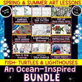 Preview of Art Lessons & Skill Practice Worksheets-Spring & Summer BUNDLE  2-D & 3-D Art!