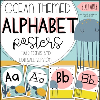 Preview of Ocean Themed Classroom Decor Alphabet Classroom Posters | Editable