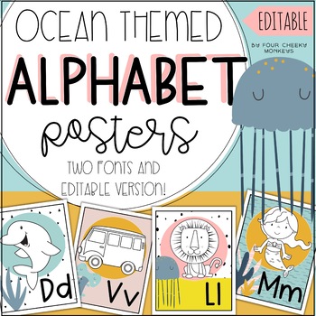 Preview of Ocean Themed Classroom Decor Alphabet Classroom Posters with Pictures | Editable
