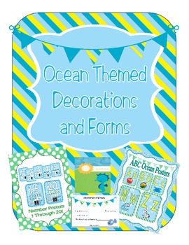 Preview of Ocean Themed Classroom Calendar, Decor, Forms, Displays (many files editable)