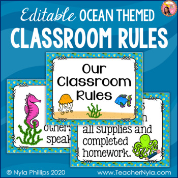 Preview of Ocean Themed Classroom Rules - Editable Posters