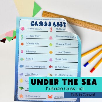 Preview of Ocean Themed Editable Class List | Under The Sea Editable Class List