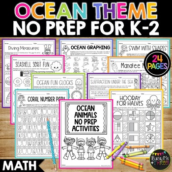 Preview of Ocean Themed No Prep Math Worksheets for K-2 | Field Trip | Time | Shapes