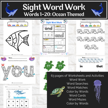 Preview of Ocean Themed Sight Word Worksheets, Activities and Games: Fry Words 1-20