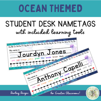 Preview of Ocean Themed Student Desk Name Tags with Learning Tools