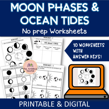 Preview of Ocean Tides & Phases of the Moon Worksheets | No prep Pack | Printable & Digital