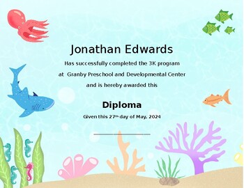 Preview of Ocean Under the Sea Themed Preschool Diploma / Certificate 3k 4k 5k   Theme