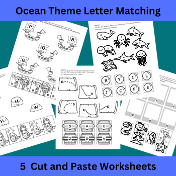 Preview of Ocean Uppercase and Lowercase Letter Match, Set of 5 Worksheets, Cut and Paste
