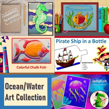 Preview of Ocean/ Water Art Collection: Fishbowl, Pirate Ship, Printmaking and Chalk Fish)