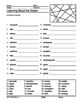 ocean word search and word scramble printable worksheets by lesson machine