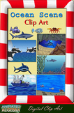 Ocean and Sea Clip Art Set with Backgrounds, Sea Life and Borders