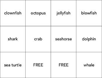 Preview of Ocean animal vocabulary word bingo