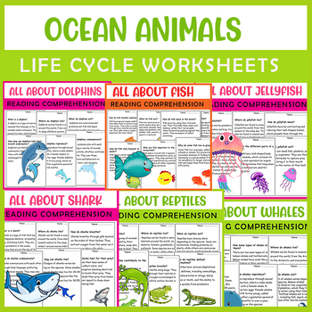 Preview of Ocean animals Life Cycle worksheets Bundle, Dolphin, Shark, Whale, Reptiles.