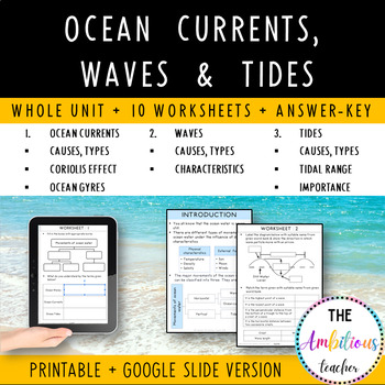 Preview of Ocean currents, Waves & Tides Unit with Worksheets | Movement of Ocean water