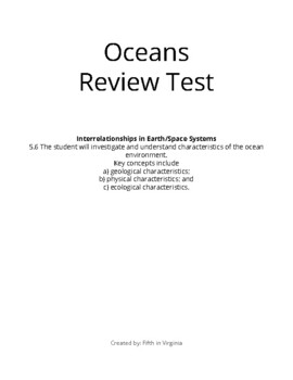 Preview of Oceans Test- 4th and 5th Grade VA SOL Aligned