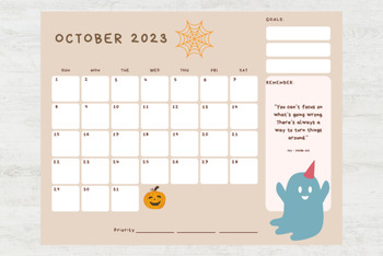 October 2023 Calendar Page for Kids by readarmy | TPT