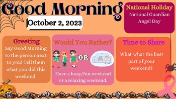 Preview of October 2023 Morning Meeting Slides (Middle School)