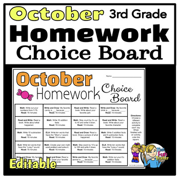 Preview of October 3rd Grade Homework Choice Board - Engaging Daily Activities