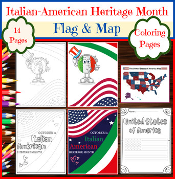 Preview of October Activities / Italian-American Heritage Coloring Pages / USA Map & Flag.