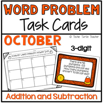 Preview of October Addition & Subtraction 3-Digit Fall Word Problem Task Cards