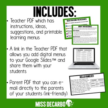 October At Home Learning Menus for Distance Learning by Miss DeCarbo