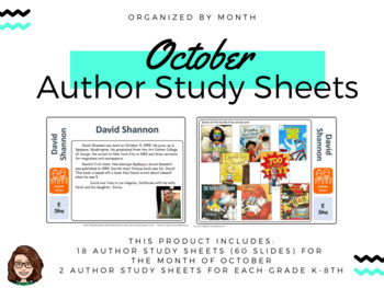 Preview of October Author Study Sheets - Shelf Markers, PPT slides, Monthly Display