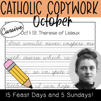Preview of October 2023 CURSIVE Copywork - Catholic Saint Feast Days, Sunday Gospels