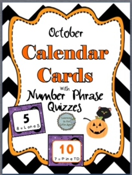 Preview of October Calendar Cards with Math and Holiday Equivalent Quizzes