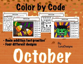 Preview of Halloween: October Color By Code- Addition Facts