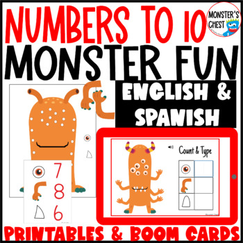 Preview of October Counting to 10 Monster Printables and Boom Cards English & Spanish