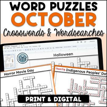 Preview of October Crossword Puzzles & Word Search - Print & Digital Resources - MS/HS