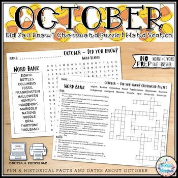 Preview of October Crossword and Word Search Activity {Digital & Printable Resources}